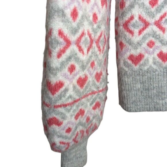 Loft Sweater Women's XS Gray Pink Hear Balloon Sleeve Pullover Crew Neck - Picture 7 of 11